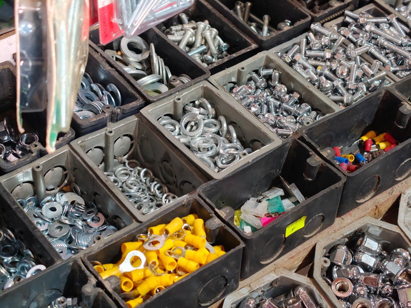 Bins of bolts, nuts and fasteners at the counter