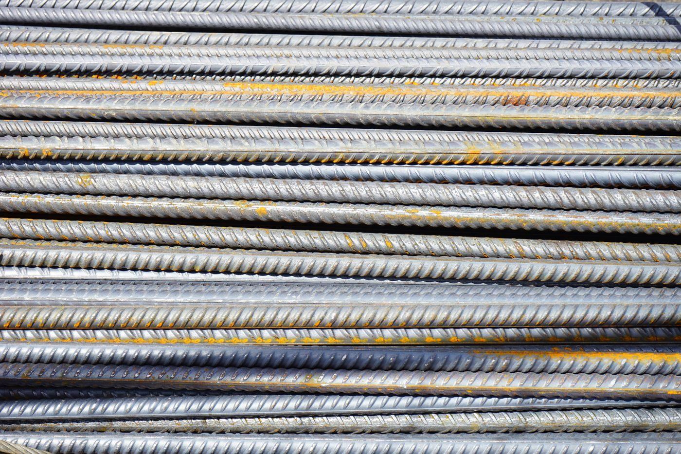 Close-up of stacked high tensile deformed reinforcement bars