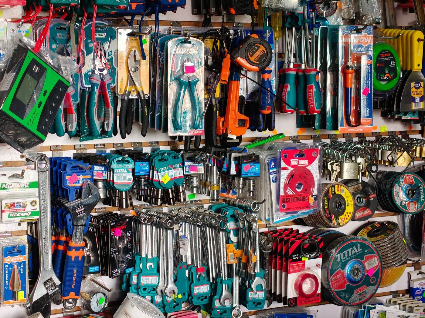 Hand tools displayed on the shop wall